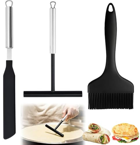 Aieraczy 3 Stück Crepes Verteiler Edelstahl, Crepes Wender Spatel, Kochpinsel und Pfannkuchen Teigverteiler T-Form für Crepes Maker Zubehör, Küche Backen, Kochen Backwerkzeuge
