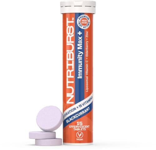 Nutriburst Immunity Max Effervescent • VIT C, D3, Zinc • Vegan & Sugar Free | 15 blackcurrant effervescent tablets with added electrolytes for hydration. Support immune health with vitamin C, D3 & Zinc.