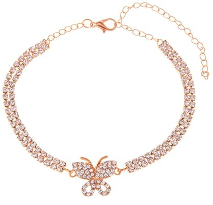 Ayoiow Womens Ankle Bracelets Double Row Cubic Zirconia with Butterfly Shape, Anklet for Women Beach Adjustable Size 22+10 cm, 1 Piece