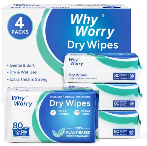 WhyWorry Disposable Dry Wipes for Adults Personal Care, 25x30 cm, 320 Count | Extra Large Dry Cloths, Body Cleansing Cloths for Incontinence & Baby Care, Face Care, Ultra Soft & Thick, 100% Plant-Based