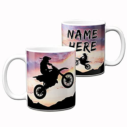 KRAFTYGIFTS Personalised Name Mug Dirt Bike Motocross 11oz Ceramic White Cup Gift SH063