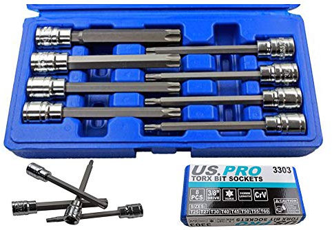 US Pro 8pc 3/8'' Dr 110mm Extra Long Torx Star Bit Socket Set T25 - T60