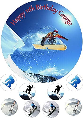 cdb Snowboarding Round 7.5 Inch with 8 smaller cupcake toppers edible Iced Topper Frosting Icing Personalised