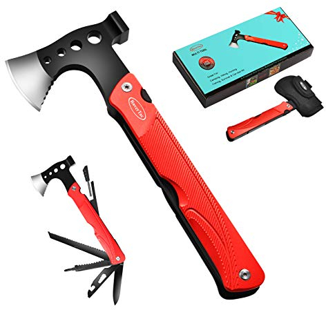 Camping Zubehör Multitool Beil Geschenke: Multifunktionswerkzeug Axt Geschenke für Männer Papa Ihn, 14 in 1 Axt Hammer Messer Säge Flaschenöffner Feuerstarter Pfeife für Camping Survival Wandern