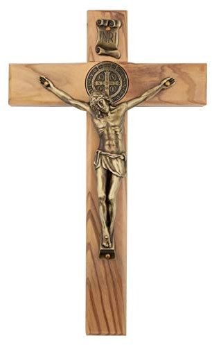 Wandkreuz aus Holz mit Heiliger Benedikt-Medaille, schönes Bronze-Ton Jesus, massives gebeiztes Holz, fertig zum Aufhängen, tolles Geschenk für Taufe, Einzug, Hochzeit, hergestellt in Italien