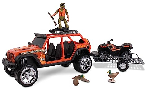 NKOK Realtree 1/18 Scale Free-Wheel Playsets 10-PC Set, RT Jeep Wrangler w/ Polaris Sportsman on Trailer & Accessories playset (Roof Rack, Hunter, Helmet, 2 Ducks, Shot Gun, Shotgun Case)