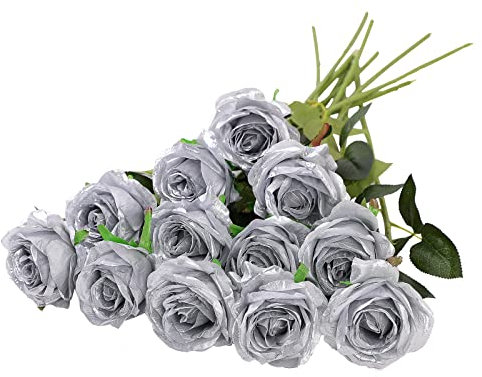 Hawesome 12PCS Artificial Roses Fake Flowers Single Long Stem Blooms With Rose Buds Wedding Decoration Bridal Bouquet Decorative Flower Arrangement Home Decoration Party Centerpieces in Silver