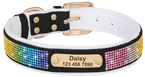Didog Hundehalsband, weiches Samt, personalisierbar, mit glitzernden Strasssteinen, warm, für kleine, mittelgroße und große Hunde und Katzen, schwarz, M