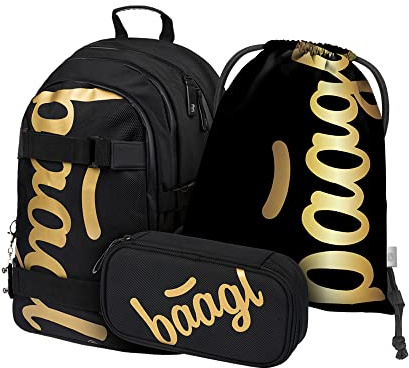 Baagl Schulrucksack Set Mädchen Jungen 3 Teilig, Schultasche ab 3. Klasse, Grundschule Ranzen mit Brustgurt, Ergonomischer Schulranzen (Skate Gold)