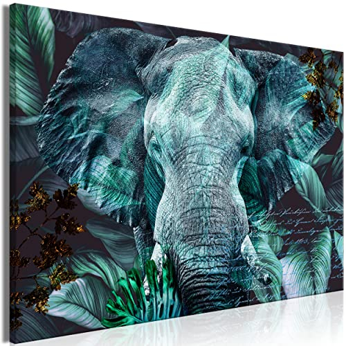 decomonkey Bilder Elefant Abstrakt 120x80 cm 1 Teilig Leinwandbilder Bild auf Leinwand Vlies Wandbild Kunstdruck Wanddeko Wand Wohnzimmer Wanddekoration Deko Blätter Tiere Aufschrift blau