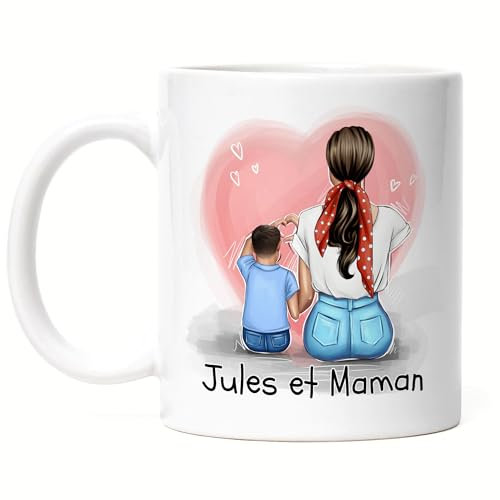 Kiddle-Design Mère Fils Tasse Fête des Mères Personnalisée Nom et Coiffure Maman et Fils Cadeau Enfants Tasse à Café pour Mères Cadeau
