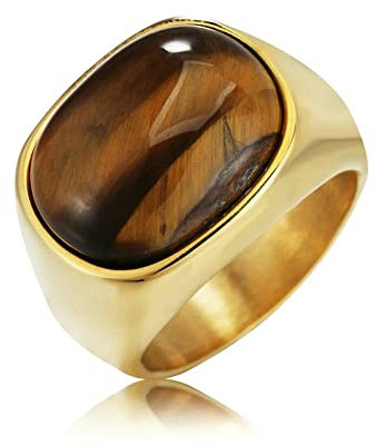 Bague Fiancaille Or, Bague de Fiançailles Homme Acier Inoxydable Bague Goth Oeil de Tigre Ovale Anniversaire Cadeau pour Couple Taille 54