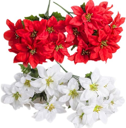4 Stück künstliche Weihnachtsblumen Seide Weihnachtsstern Blumen Gefälschte Blumen für Weihnachtsdekoration (Rot und Weiß)