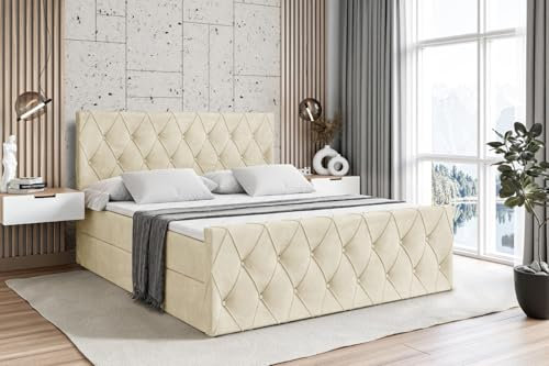ALTDECOR Boxspringbett mit Matratze und Lattenrost, Boxbett, Fußteil, Topper, Polsterbett mit Bettkasten, Bett mit Stauraum H3-Matratze, Doppelbett, Springboxbett - Amay - 200x200 - Beige Monolith 04