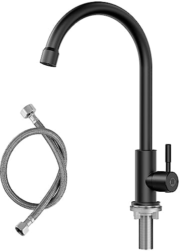 CECIPA Kaltwasserhahn Schwarz, Wasserhahn nur für Kaltwasser mit Edelstahl-Muttern 304, Wasserhahn Kaltwasser Schwarz mit 60 cm Anschlussschlauch X1 - Ideal für Küche, Wasserhahn Küche Schwarz