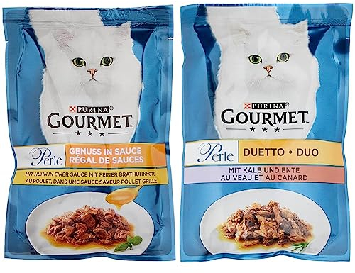 PURINA GOURMET Perle Genuss in Sauce Katzenfutter nass, mit Huhn, 26er Pack (26 x 85g) & Perle Duetto Katzenfutter nass, mit Kalb und Ente, 26er Pack (26 x 85g)