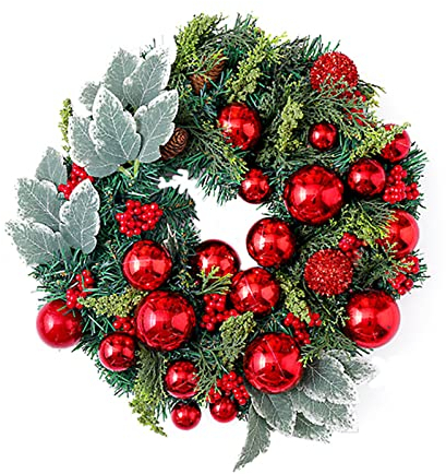 ZHDOKA Weihnachtskranz mit Roten Kugeln, Bruchsicherer Weihnachtskranz mit Roten Beeren und Tannenzapfen, Eukalyptus-Kiefernnadel-Girlande für die Haustür für Wandsims, Urlaub, Zuhause,(Mehrfarbig)
