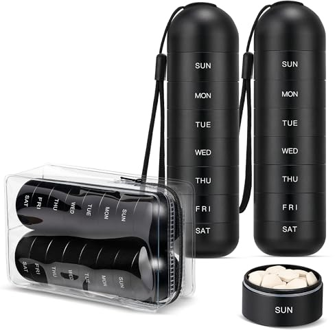 Zannaki Lot de 2 piluliers de voyage en métal - Portable et étanche - Grand pilulier hebdomadaire en alliage d'aluminium - Sans BPA - Organiseur quotidien de médicaments sur 7 jours - Pour vitamines