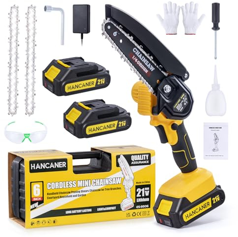Hancaner Mini Motosega a Batteria 6-Inch, Motosega Elettrica con 2 Batterie da 2,0 Ah di Grande Capacità e 2 Catene, Luce di Peso con Blocco di Sicurezza e Forte Motore per Albero Trimming.