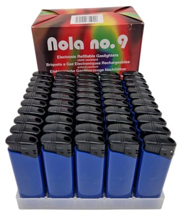 NOLA 50 Stück Elektro-Feuerzeuge mit Gas befüllt - nachfüllbar - im praktischen Display, Gasfeuerzeug mit Flammenregulierung - Gasfeuerzeug – Elektronik Feuerzeug - Feuerzeuge - Zufällige Farbe