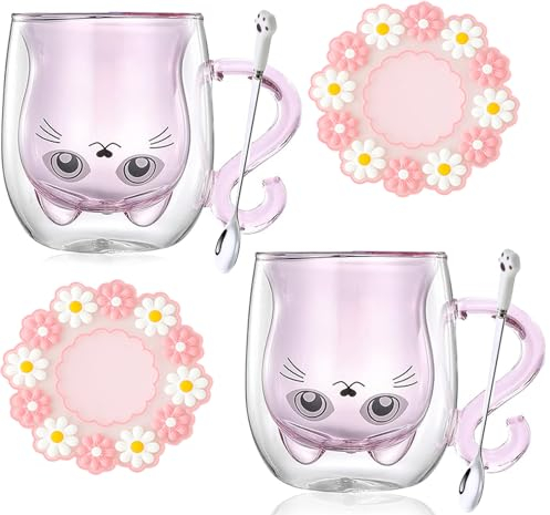 Arawat 2 Set Chats Tasse Rose Verre Verre Double Paroi Chat Avec Anse Rose Tasse à Café Tasses à Café Tasses Chat Verres Tasse à Thé Cadeau d'Anniversaire Pour Femmes Amies