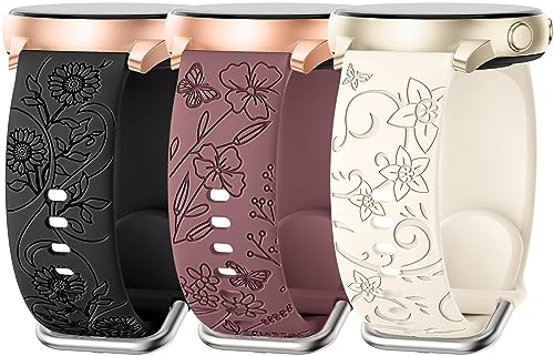 AMSKY 3 Stück Floral Gravierte Armband Kompatibel mit Samsung Galaxy Watch 7/6/5/4 40mm 44mm, Watch 6/4 Classic 43mm 47mm 42mm 46mm, 5 Pro 45mm, 3 41mm, 20mm Silikon Armbänder für Damen