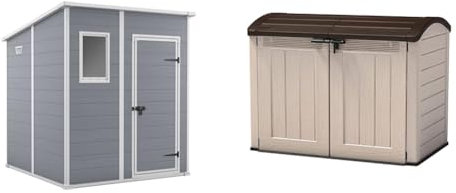 Keter Manor Pent Garden Storage Shed 6 x 6 feet - Grey, 200.6 cm*183.5 cm*183.0 cm & Store It Out Ultra Outdoor Garden Storage Shed, 177 x 113 x 134 cm - Beige and Brown