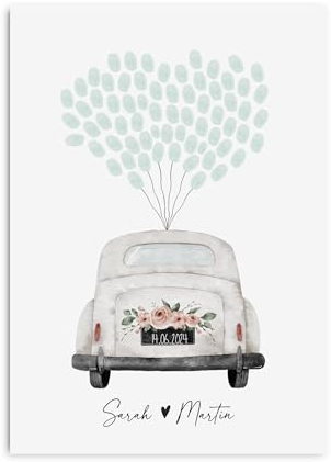Gästeposter HOCHZEIT PERSONALISIERT mit Namen und Datum als Geschenk zur Hochzeit Gästebuch Hochzeit (FINGERABDRUCK Auto, DIN A3)