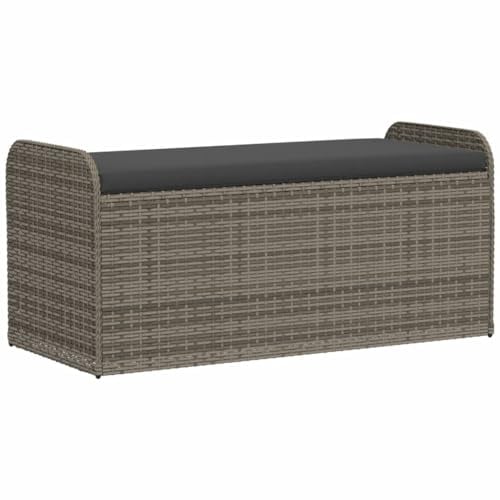 vidaXL Sitzbank mit Kissen, Bank mit Staufach unter Sitzfläche, Gartenbank mit abnehmbarem waschbarem Bezug, Parkbank Gartenmöbel, Grau Poly Rattan