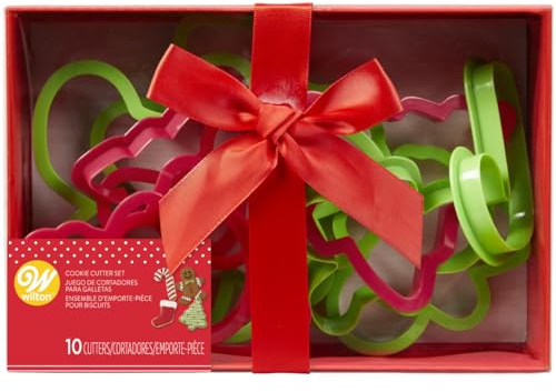Wilton Weihnachten Set/10 - 10-teiliges Kunststoff-Plätzchenausstecher-Set mit Lebkuchenmann, -frau, -junge und -mädchen, Tannenbäumen, Zuckerstange, Schneemann, Weihnachtsstrumpf und -glocke