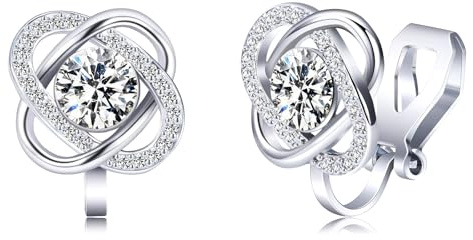 QUKE Silver Plated Cubic Zirconia Knot Clip On Earrings for Women Girls | Sparkly No Piercing Earrings, Hypoallergenic, Soft Secure Grip, Black Gift Box, Dainty Birthdays Valentines Christmas Gift