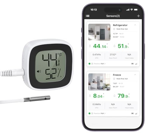 LOFICOPER Bluetooth Kühlschrankthermometer, Digital Mini Temperatur Monitor Sensor mit 1,5m Sonde, Smart Bluetooth Gefriererthermometer mit App, Datenspeicherung