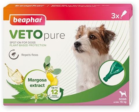 Beaphar – VETOpure Flea Spot On for Dogs under 15kg, 3 pipettes – Plant-Based Protection – Repels Fleas for up to 4 Weeks – Pack Provides up to 12 Weeks Protection – Contains Margosa