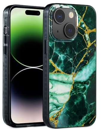 SCORPIFY for iPhone 13 Case [Compatible with MagSafe] with Emerald Green Marble Design, Cute Magnetic Phone Cover for Women Girls and Men, Slim Shockproof Bumper with Gold Accents