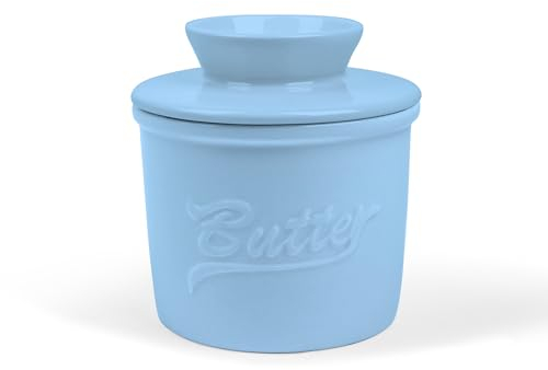 fanquare Blue Alphabet Porcelain Butter Jar, French Ceramic Butter Crock with Water Line, Sealed Butter Dish with Lid and Handle