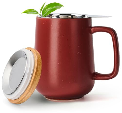Lemuro Tazza da tè con infusore e coperchio, 500 ml, in ceramica con coperchio, tazza con infusore per tè in foglie sfuse – Tazza da tè con manico grande – Tazza infusore per tè (Cherry Red)