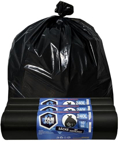 PAM-FOLIE Sacs poubelle 240L - 30 pièces - Set- XXL, épais, grands sacs poubelle, Premium - 120x130cm - 45µm - noir - Sacs pour déchets de chantier - Sacs idéaux pour conteneurs de 240 litres
