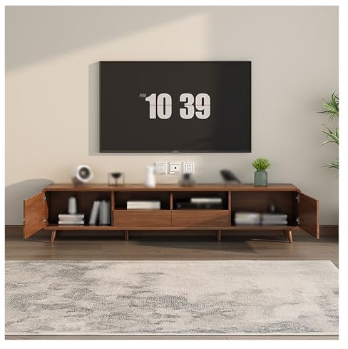 Mid-Century Modern Tv Schrank, for Fernseher Bis Zu 75, Medienkonsole Mit 2 Türaufbewahrung Und 2 Schubladen, TV-Ständer Holz, TV-Konsolentisch for Wohnzimmer(Brown,180CM)