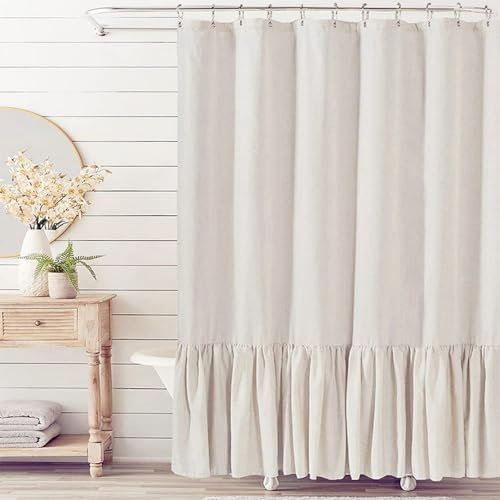 BESTORI Rideau de Douche en Lin déperlant Lavable Rideau de Baignoire avec œillets Boho Rideau de Bain pour Salle de Bain Décor Modern Shower Curtain, Beige 1, 183 x 198 cm