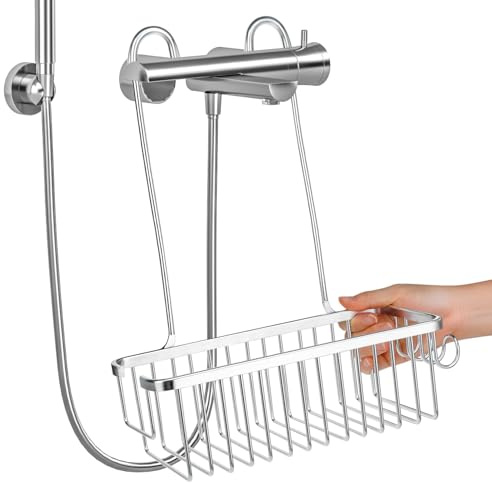 QWORK® Hanging Shower Caddy 12x4.7 Inch, No-Drill Rustproof Aluminum Shower Organiser Shampoo Holder