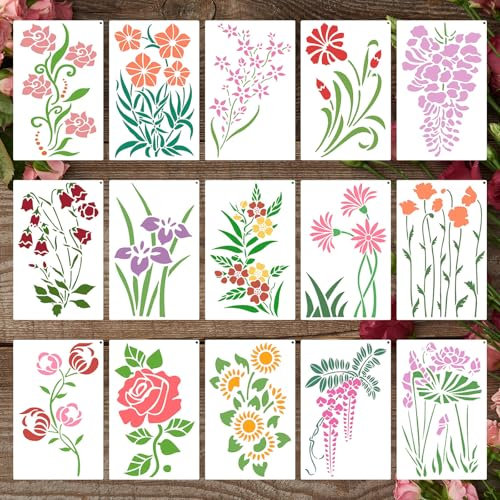 Dayker 15PCS Flower Stencils, Wildflower Leaf Painting Stencils, Reusable PET Art Drawing Templates, DIY Crafts Plant Stencil for Painting on Wood Wall Paper Canvas Home Decor