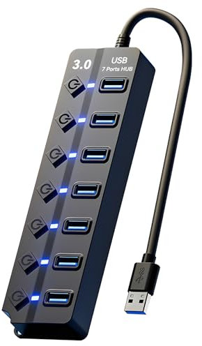 7 Port USB 3.0 Hub With Individual Power Switches and Lights - 5Gbps Multiport Adapter Extension for Printer, Laptop, Desktop PC, Xbox, PS5, Mouse, Keyboard, Flash Drive
