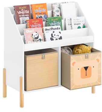 SoBuy Kinder Bücherregal Montessori Regal Kinderregal mit 4 Ablagefächern und 2 Aufbewahrungsboxen Spielzeugregal und Aufbewahrungsregal für Kinderzimmer Weiß 65x70x30cm KMB115-W