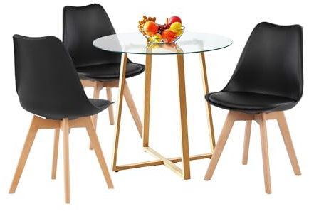 H.J WeDoo Ensemble de salle à manger avec 3 chaises rondes en verre et chaises de salle à manger pour balcon, salle à manger, cuisine, salon (table en verre + 3 chaises noires)