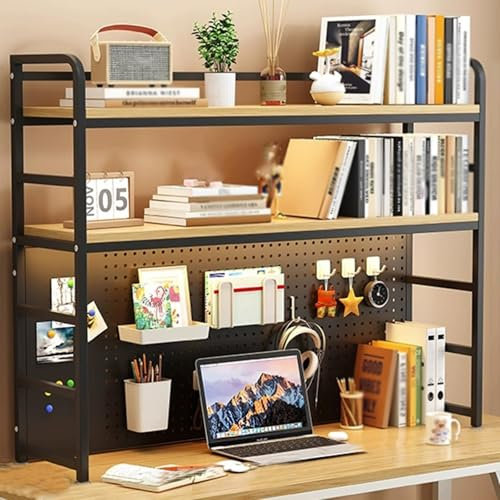 Ahtadums Schreibtisch Bücherregal, 2 Ebenen Schreibtisch Organizer Regal Aus Holz Und Metall, einstellbare Lagerregal Büroregal Für Wohnheim Büro Hause (A, 70cm)