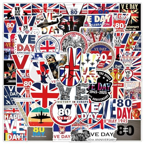 MORAINJAY 100P VE/VJ Day Stickers,80th Anniversary Commemorative Stickers Pack, Vintage WWII Patriotic Decals for History Enthusiasts, Remembrance Crafts & Party Decorations