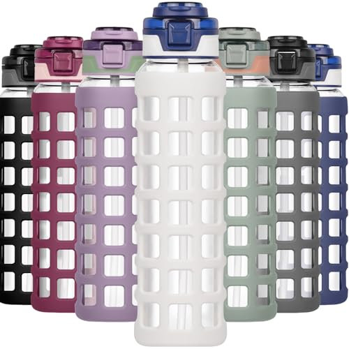 Ferexer Glass Water Bottle 1 litre / 660ml with Handle Straw Flip lids, leakproof, BPA free Water Bottle,Sustainable Borosilicate Glass, with Silicone Sleeve Sports Glass Drinking Bottle White