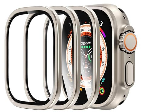 3 Pièces Protection Ecran Compatible avec Apple Watch Ultra 2 49mm et Ultra 2, Verre Trempé 9H avec Cadre en Titane, Film de Protection Haute Définition Anti-Rayures Sans Bulles, Protection Écran
