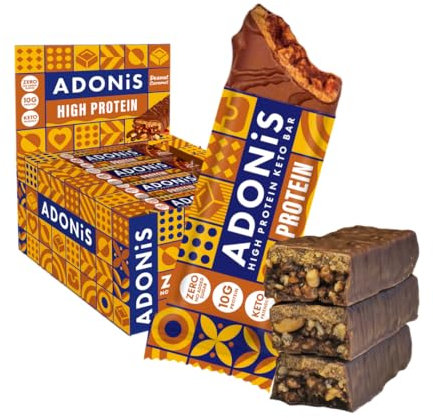 Barritas Keto Adonis Caramelo y Cacahuete – 16 x 45g | Barritas proteicas bajas en carbohidratos | 9g de proteína, 2g de azúcar | Apto para dieta keto, alto contenido en fibra | Sin azúcar añadido
