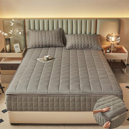 Matratzenschoner mit Reißverschluss 130/140/160 Anpassbare Matratzenüberzug Fünf Seiten Gesteppt Spannbetttuch Weiche Abnehmbar Spannbettlaken Bezug Topper für Matratzen bis 5-40cm(120x200+24cm,Gray A